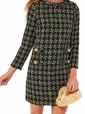 Tweed Plaid Hooded Coat Dress in Black with Lime & Pink Accents Sz M Women
